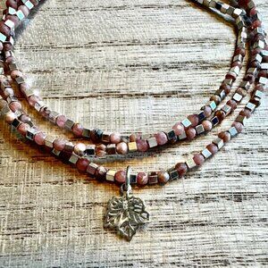 Dainty Peach Sunstone & Silver Hematite Wire Wrap Bracelet w/ Maple Leaf